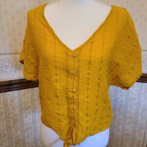 PRANA V-NECK BUTTON DOWN TIE CROP SHIRT | ORGANIC COTTON | MARIGOLD | SIZE M